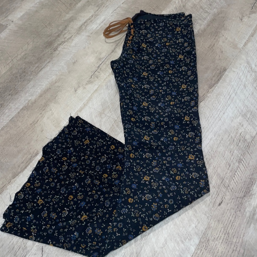 Navy floral print corduroy flare pant
